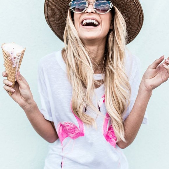 Tops - White Flamingos Print Hollow-out T-shirt